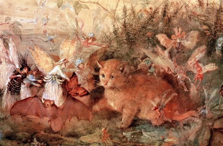 Pintura "Gato entre las hadas" de John Anster Fitzgerald
