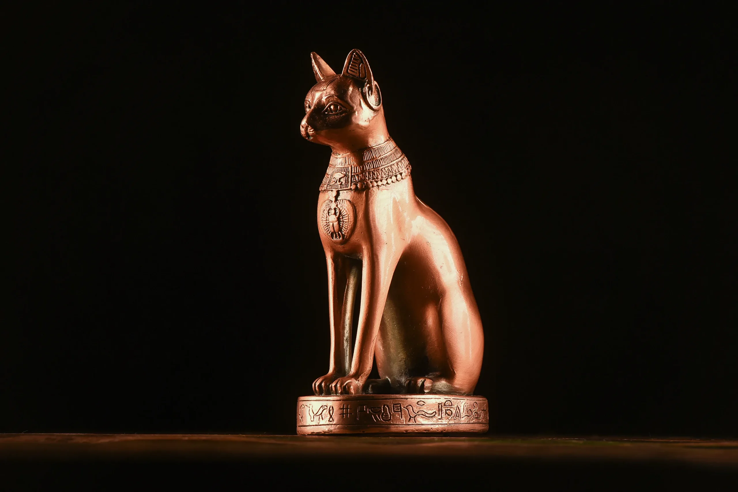 Representación de Bastet, diosa egipcia asociada con los gatos, como una gata sentada sobre fondo negro.