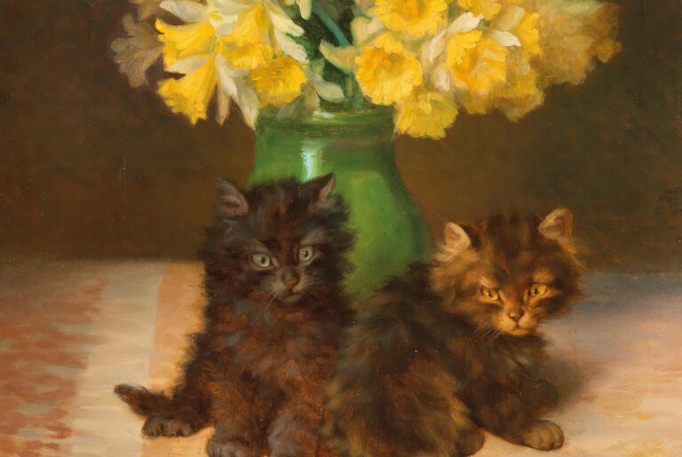 Detalle pintura "Dos gatitos frente a un jarrón con narcisos" de Daniel Merlin