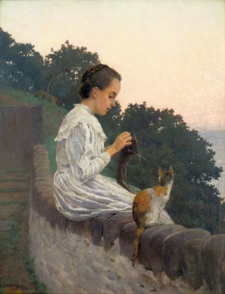 Pintura "Tejiendo" de Anna Richards Brewster