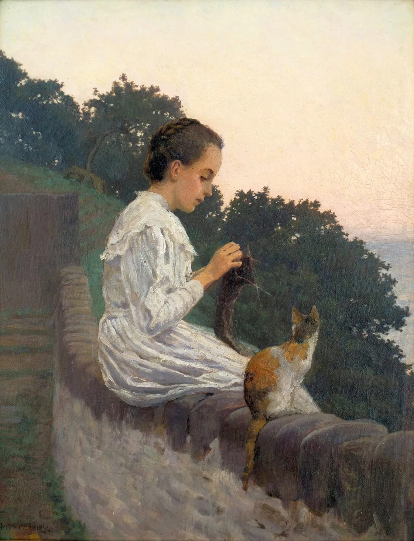 Pintura "Tejiendo" de Anna Richards Brewster