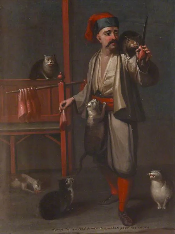 Hombre turco rodeado de gatos mientras vende carne para alimentarlos, pintura de finales del siglo XVIII.