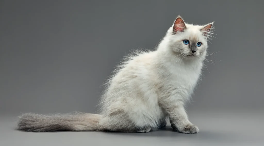Gato birmano de ojos azules y pelaje semilargo.
