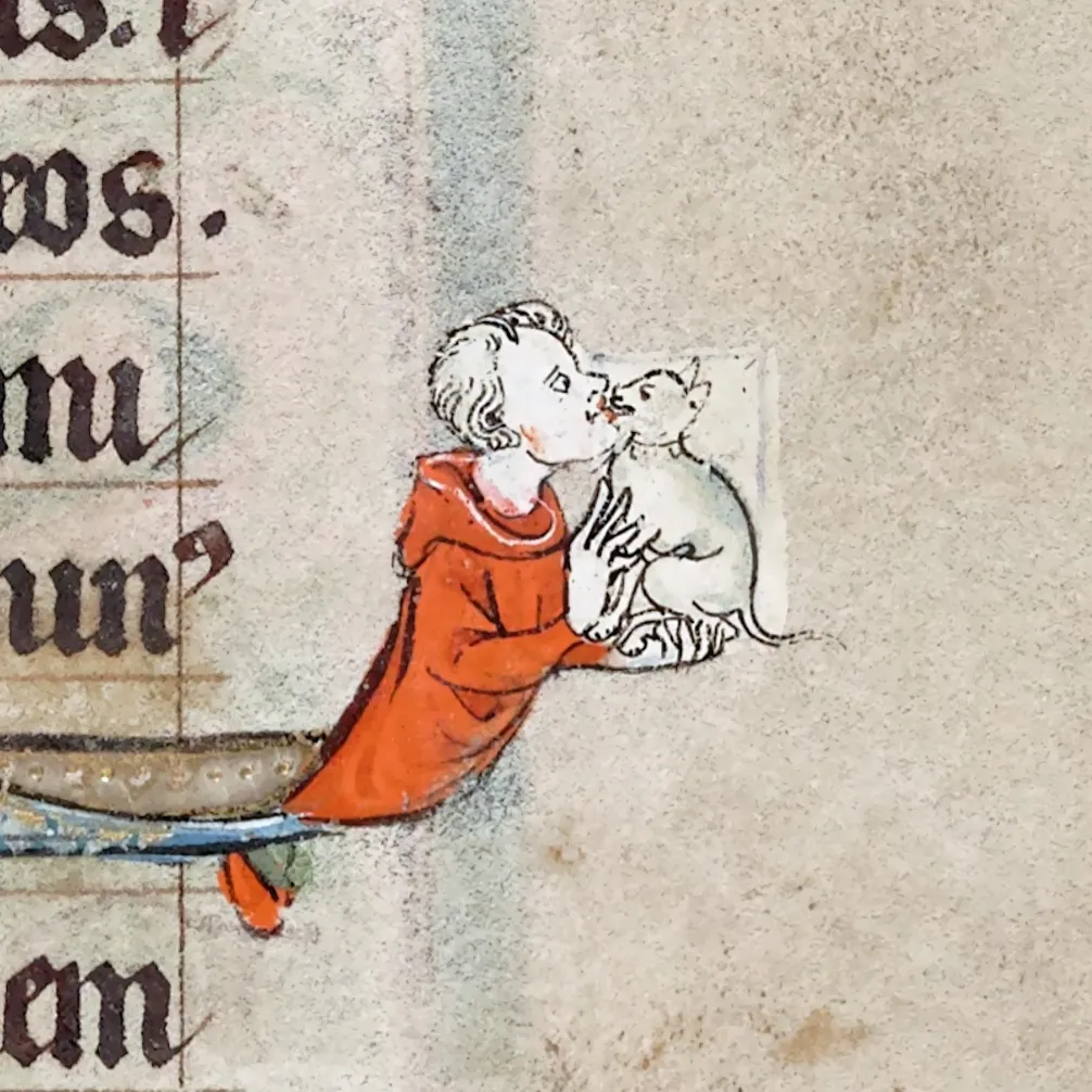 Figura masculina besando a un gato en un Libro de Horas de ca. 1300.
