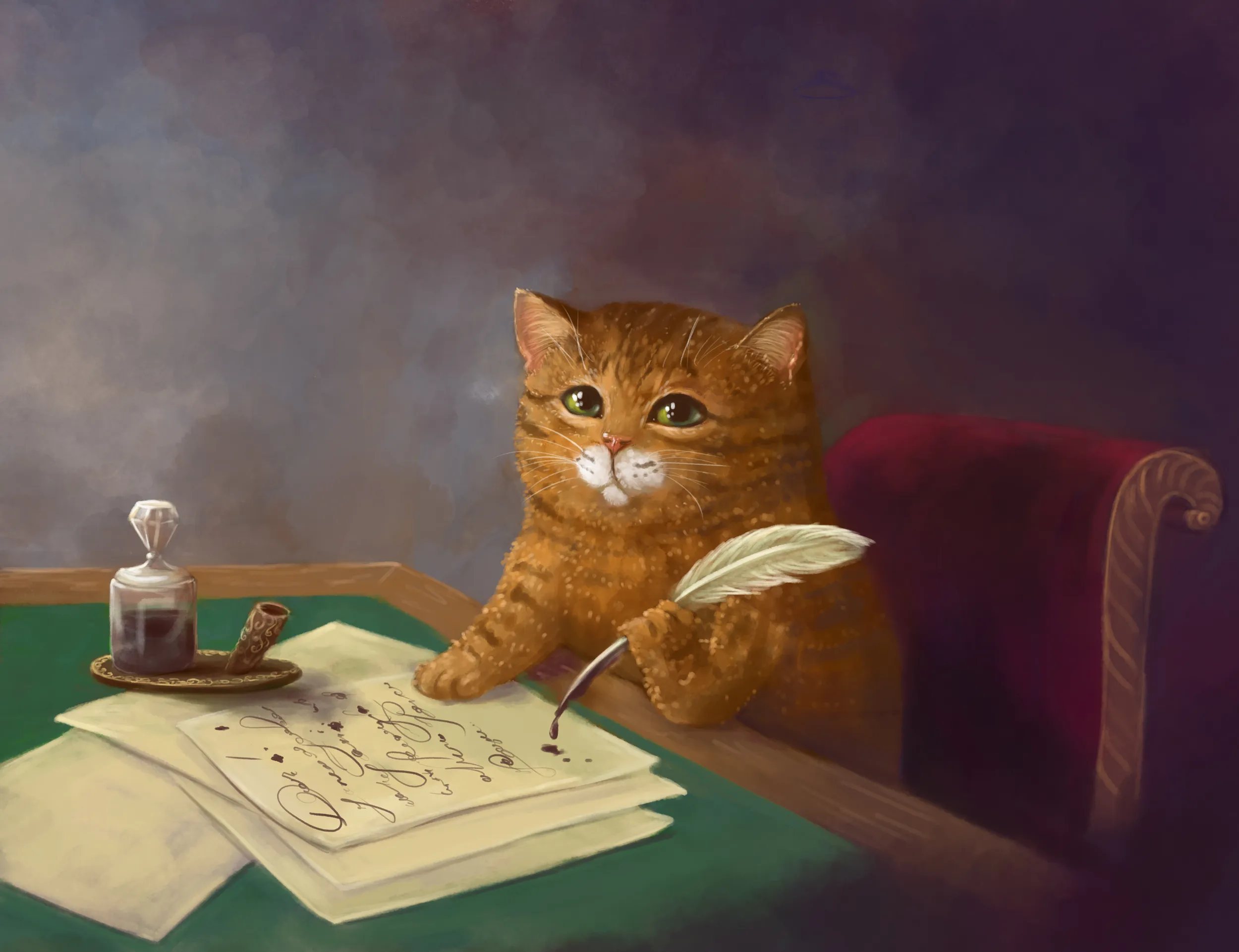 Ilustración de un gato atigrado sentado frente a un escritorio con hojas de papel, una pluma y un tintero