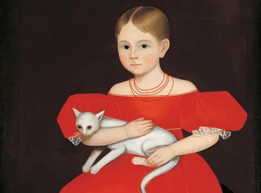 Detalle de pintura "Niña con vestido rojo, gato y perro" de Ammi Phillips